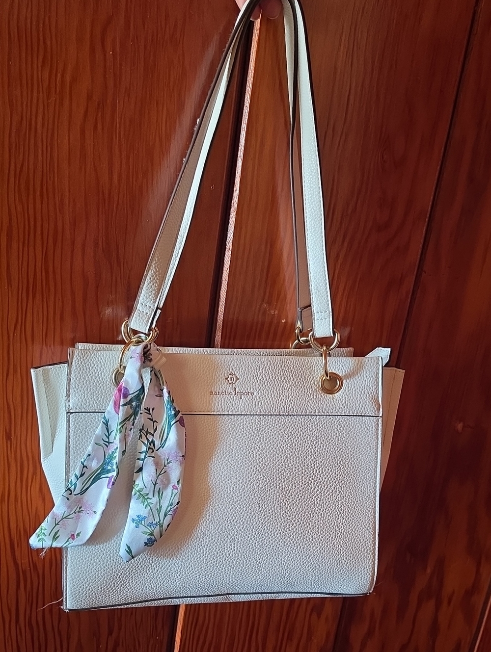 White Women's Tote Bag with Floral Scarf